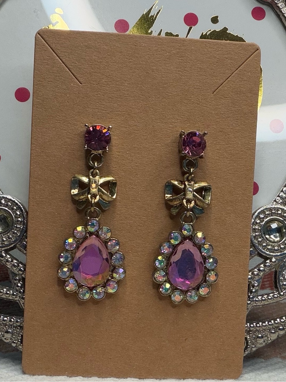 Coquette Gold Bow Teardrop Crystal Drop Earrings Lilac Purple Halo Bridgerton